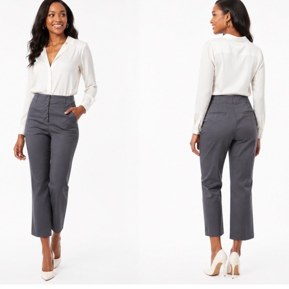 Loft High Waist‎ Wide Leg Button Fly Crop Pants Gray 12 Nautical Preppy 76-26
